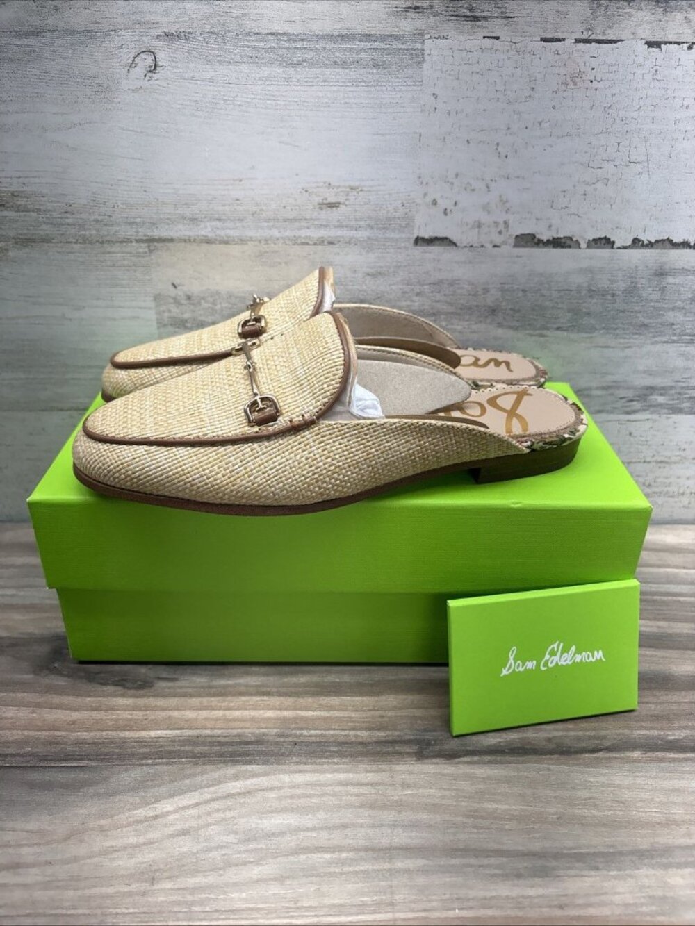 Sam Edelman Beige Raffia Horsebit Mule Flats